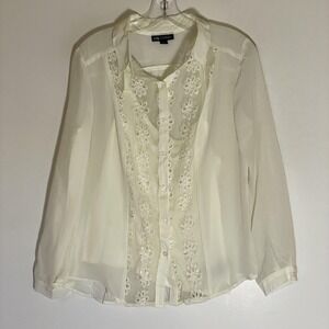 I.N. Studio Blouse Womens Medium White Sheer Floral Lace Button Front Top